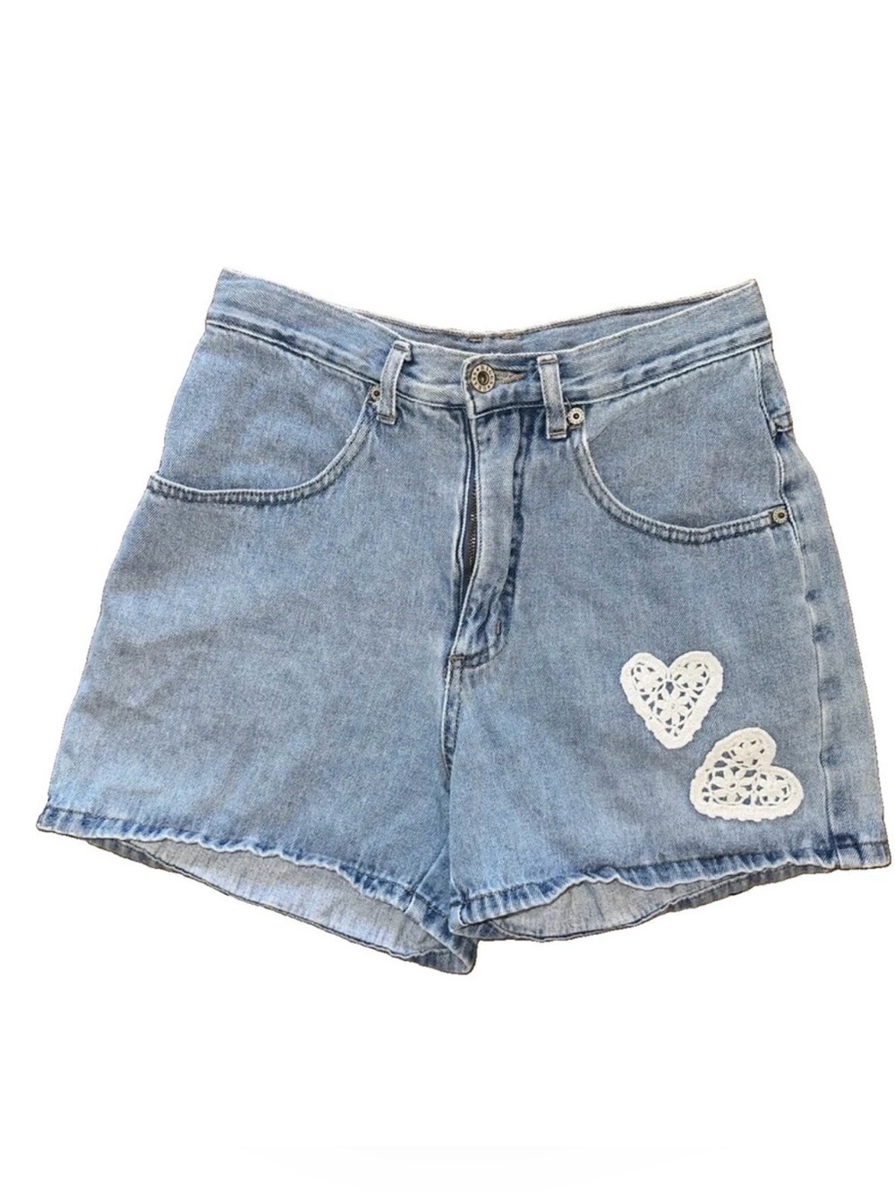 VTG 90s Mom High Waist Denim Shorts Size 3/4  Light Wash Crochet Heart Patch USA